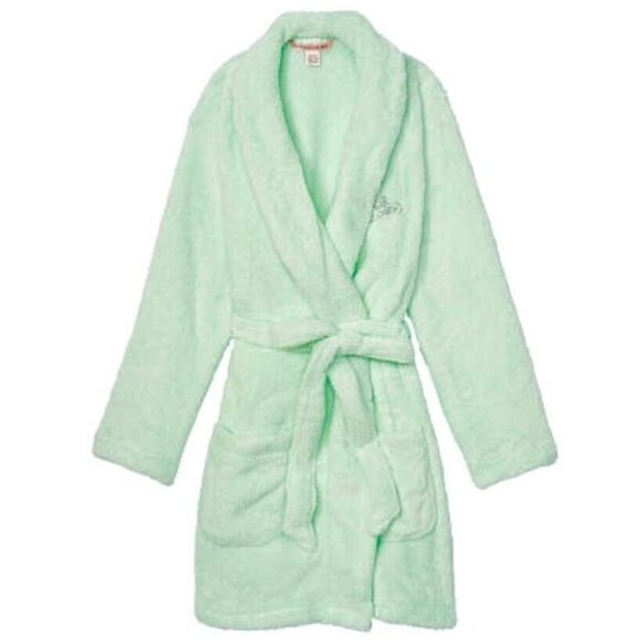 VICTORIA'S SECRET WOMEN COZY PLUSH LIGHT GRAY SHORT ROBE SUPER SOFT M/L NWT - Picture 7 of 9